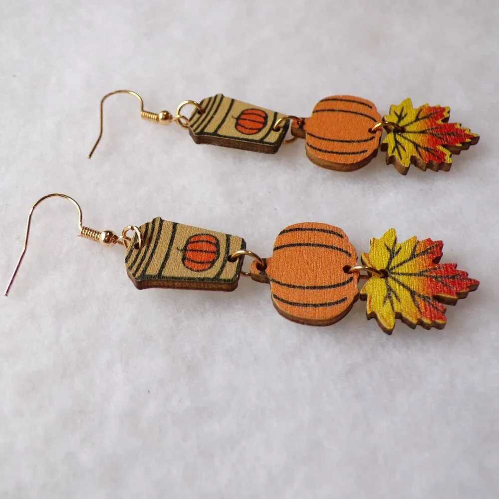 NEW Fall Wood Dangle Earrings Coffee Pumpkin Leaf